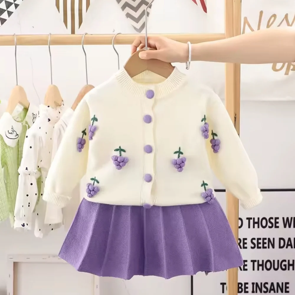 Spring Autumn Girls Grape Pom Pom Longsleeve Cardigan & Pleated Knit Skirt 2Pcs.